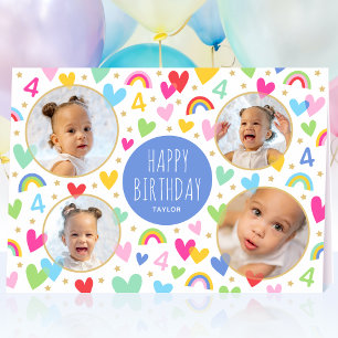Carte Enfants 4e anniversaire mignon arc-en-ciel Coeurs 