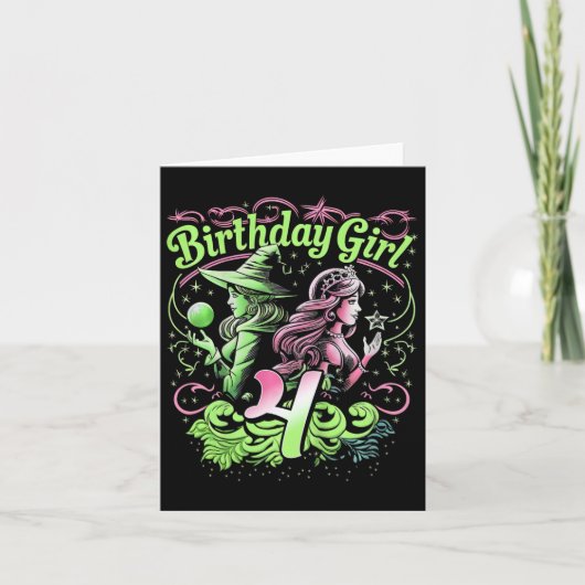 Carte Enfants 4e Anniversaire Sorcière rose et vert 4 An (Devant)