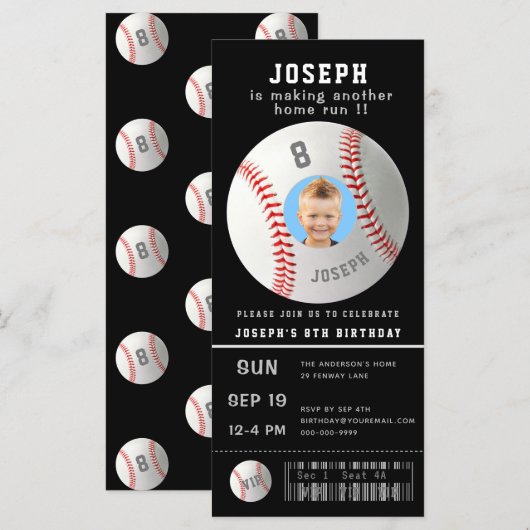 Carte Enfants Baseball Custom Photo Sport Ticket Invitat (Devant / Derrière)