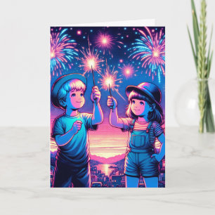 Carte Enfants tenant un feu d'artifice le 4 juillet