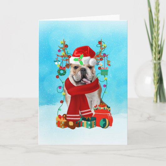 Carte English Bulldog in snow with Christmas gifts (Devant)