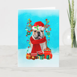 Carte English Bulldog in snow with Christmas gifts