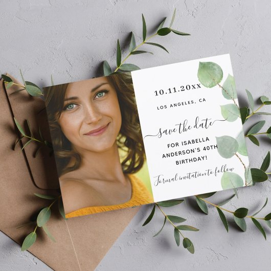 Carte Enregistrer la date anniversaire eucalyptus photo 