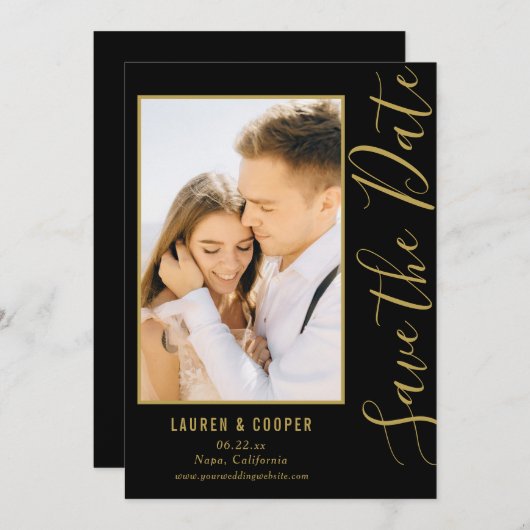 Carte Enregistrer La Date Black Gold Style Mariage moder (Devant / Derrière)