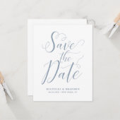 Carte Enregistrer la date Dusty Blue Modern Script (Devant/Arrière en situation)