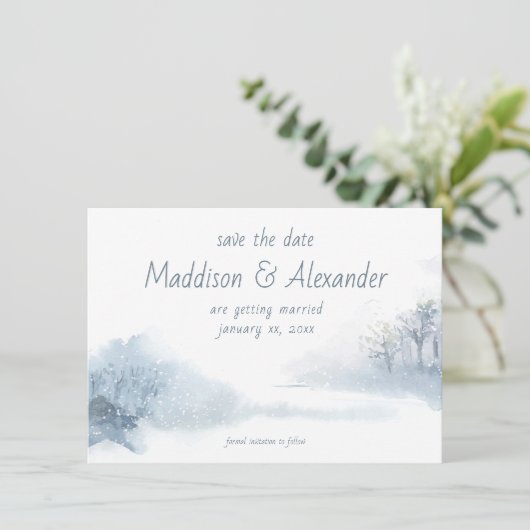 Carte Enregistrer La Date, Hiver, Mariage, Bleu, Blanc (Debout devant)