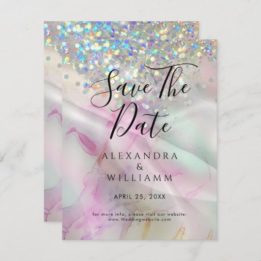 Carte Enregistrer La Date Marble AlcoholInk Holographic  (Devant / Derrière)