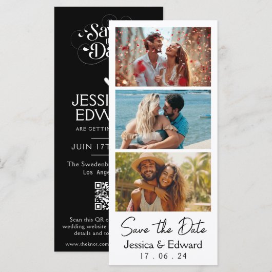 Carte Enregistrer La Date PhotoBooth Qr Code Black White (Devant / Derrière)