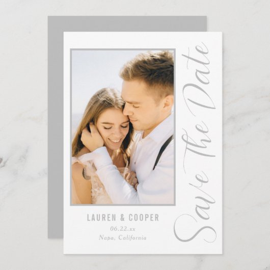 Carte Enregistrer La Date Silver Script Design Mariage M (Devant / Derrière)