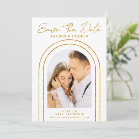 Carte Enregistrer La Date White Gold Style Art Déco Mari (Debout devant)