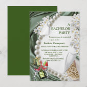 Carte Enterrement de vie de garçon de soie verte et perl (Devant / Derrière)