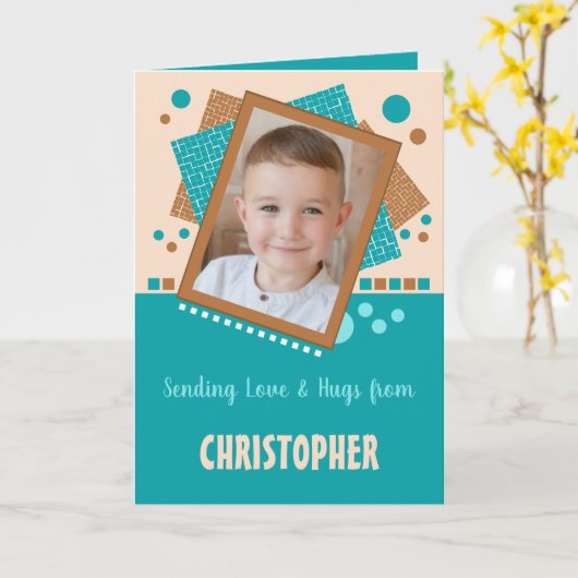 Carte Envoi d'amour et accolades photo brun turquoise (Fleur jaune)