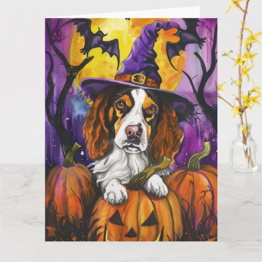Carte Épouvantail Bretagne Spaniel Halloween Sorcière Ci (Fleur jaune)