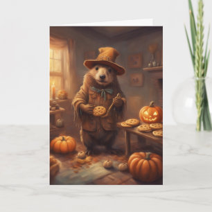Carte Épouvantail Castor Cuisinant des Cookies Halloween