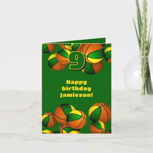 Carte équipe d'or vert couleurs basketballs anniversaire (Devant)
