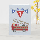Carte Ęr petit-fils d'anniversaire d'Espagnol, Firetruck (Fleur jaune)