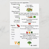 Carte Espagnol Anglais Phrases Vegan Feuille de triche c (Devant / Derrière)