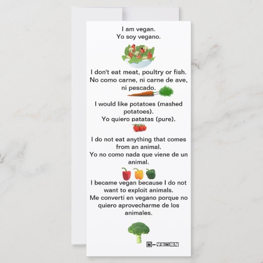 Carte Espagnol Anglais Phrases Vegan Feuille de triche c (Devant)
