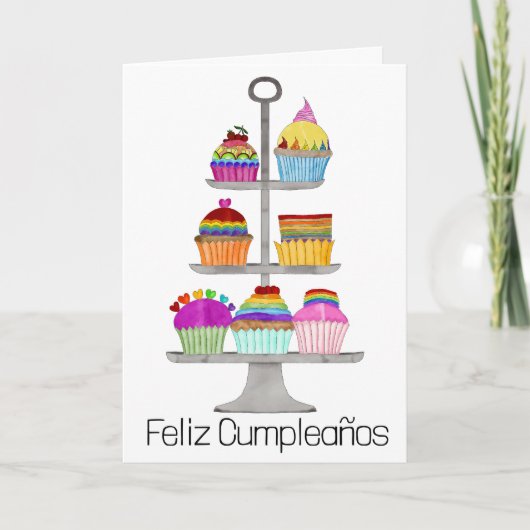 Carte Espagnol Anniversaire Rainbow couleur cupcakes Car (Devant)