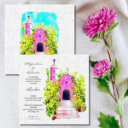 Carte Espagnol, Aquarelle Chapelle Mexicaine Mariage Inv