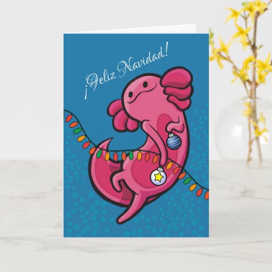 Carte Espagnol Noël mignon Axolotl avec ornements (Fleur jaune)
