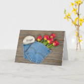 Carte Espoir tulipes dans la poche en jean bleu (Fleur jaune)