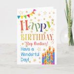 Carte Étoiles, Bunting, Bougies pour Step Brother Annive<br><div class="desc">Une carte d'anniversaire colorée et textuelle pour un Step Brother, avec Polka Dot Bunting, des bougies d'anniversaire rayées et brillantes et parsemées d'étoiles à effet or. Le texte à motifs dit "Joyeux anniversaire" et il y a aussi "Bonne journée !" en lettres bleues (NB, les étoiles et les contours de...</div>