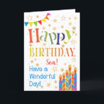 Carte Étoiles, Bunting, bougies pour un anniversaire de<br><div class="desc">Une carte d'anniversaire colorée et textuelle pour un Fils, avec Polka Dot Bunting, des bougies d'anniversaire rayées et brillantes et parsemées d'étoiles à effet or. Le texte à motifs dit "Joyeux anniversaire" et il y a aussi "Bonne journée !" en lettres bleues (NB, les étoiles et les contours de l'effet...</div>