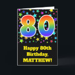 Carte Étoiles colorées   Motif "80" d'arc-en-ciel<br><div class="desc">L'avant de ces excitation, amusement, et design de carte vibrant de salutation d'anniversaire comporte beaucoup de formes colorées d'étoile, avec le nombre "80" comportant un motif de gradient de spectre inspiré par arc-en-ciel multicolore, sur un arrière - plan coloré par noir. L'avant comporte également un message de salutation d'anniversaire, y...</div>