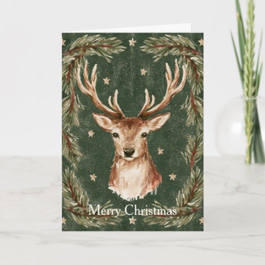 Carte Étoiles dorées de Noël de cerf vert (Devant)