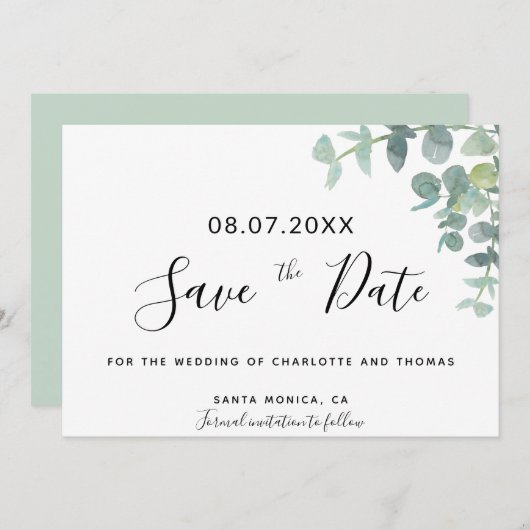 Carte Eucaluptus script mariage enregistrer la date (Devant / Derrière)