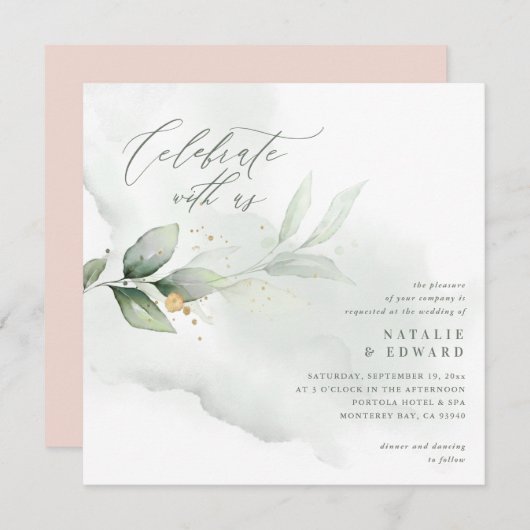 Carte Eucalyptus bleu or rose mariage script éthérique (Devant / Derrière)