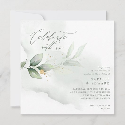 Carte Eucalyptus bleu or rose mariage script éthérique (Devant)