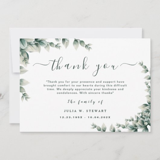 Carte Eucalyptus Minimal Simple Funérailles Merci Note (Devant)