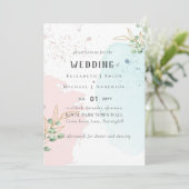 Carte Eucalyptus moderne Mariage bleu rose (Debout devant)