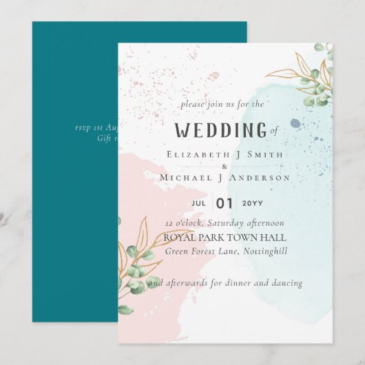 Carte Eucalyptus moderne Mariage bleu rose (Devant / Derrière)