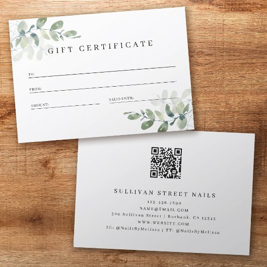 Carte Eucalyptus QR Code Certificat cadeau d'entreprise