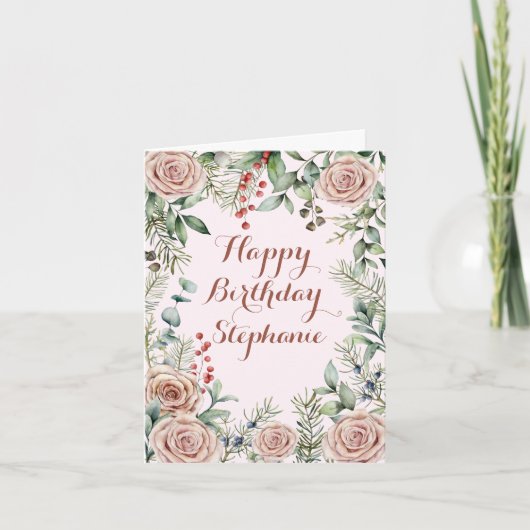 Carte Eucalyptus rose Rose antique aquarelle (Devant)