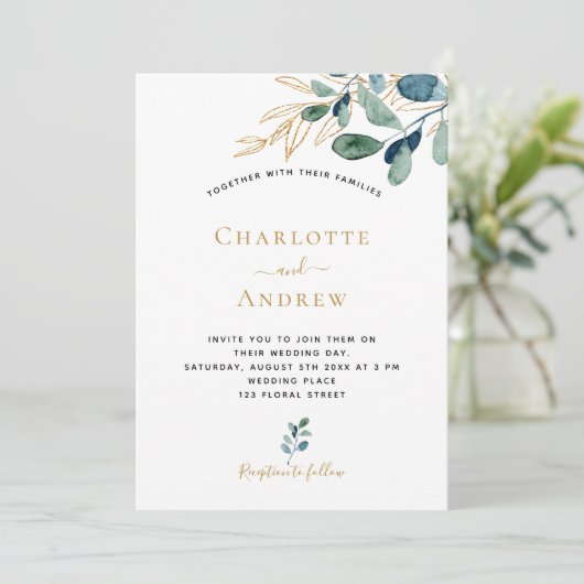 Carte Eucalyptus verdure or élégant mariage (Debout devant)