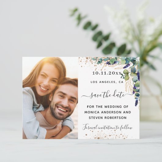 Carte Eucalyptus vert mariage photo enregistrer la date (Debout devant)