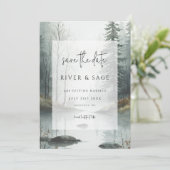 Carte Evergreen Mist | Rustic Forest QR Save the Date (Debout devant)