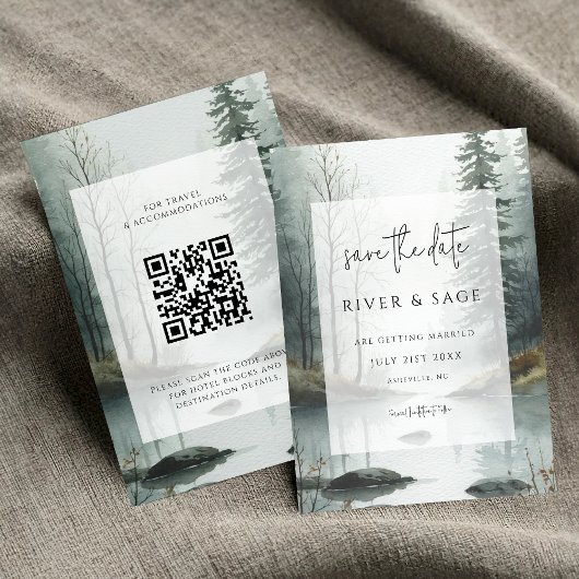 Carte Evergreen Mist | Rustic Forest QR Save the Date