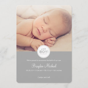 Carte Faire-part bébé en Gris - C'est un garçon !