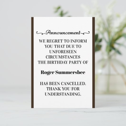 Carte Faire-part d'annulation de fête d'anniversai (Debout devant)