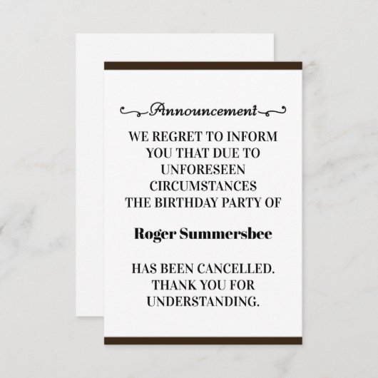 Carte Faire-part d'annulation de fête d'anniversai (Devant / Derrière)