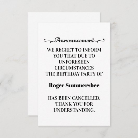 Carte Faire-part d'annulation de fête d'anniversai (Devant / Derrière)