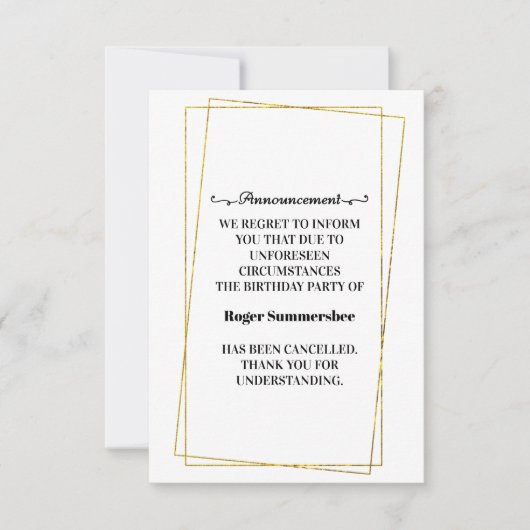 Carte Faire-part d'annulation de fête d'anniversai (Devant)