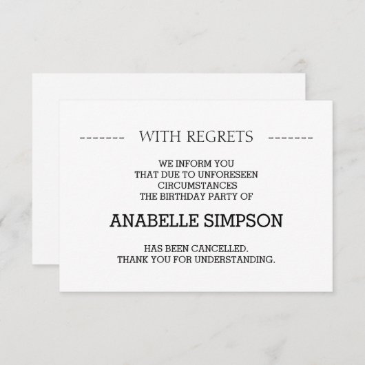 Carte Faire-part d'annulation de fête d'anniversai (Devant / Derrière)