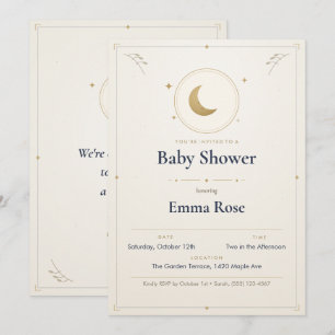 Carte Faire part de Baby Shower Lune et Étoiles, Or