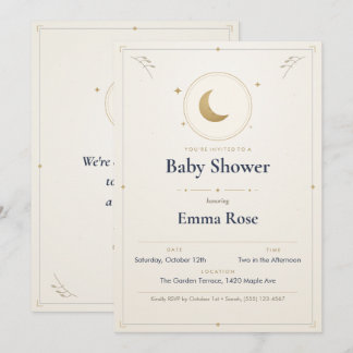Carte Faire part de Baby Shower Lune et Étoiles, Or